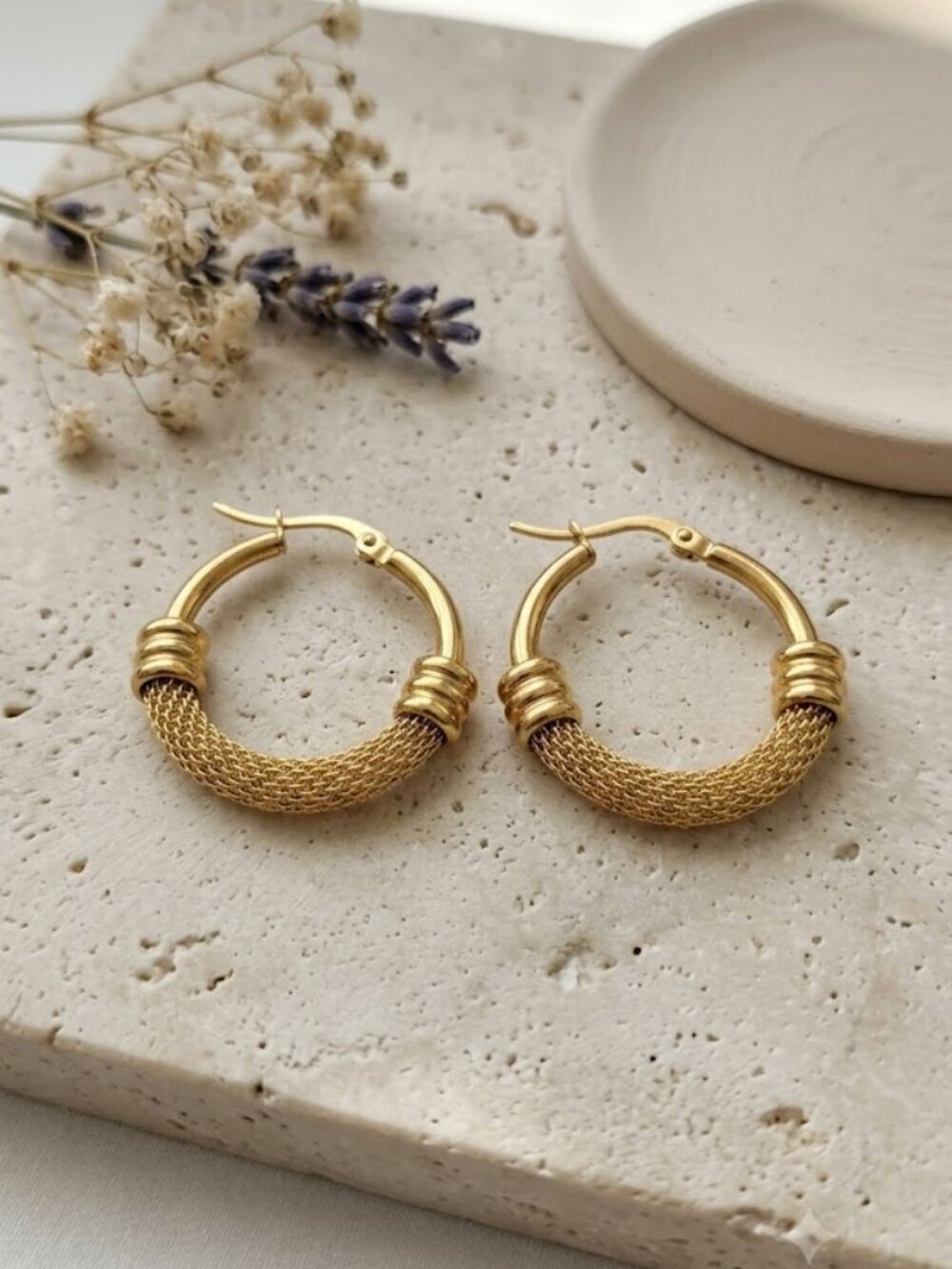 18K Gold Plated Stainless Steel Mesh Hoop Earrings Old Money Textured 1.2"